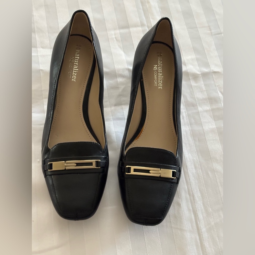 Naturalizer Black Leather Square-Toe Heels with Gold Accent
